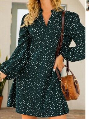 Polka Dot Long Sleeve Dress - Dark Green